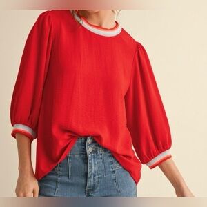 Red Solid top with U-neck three quarter sleeves New